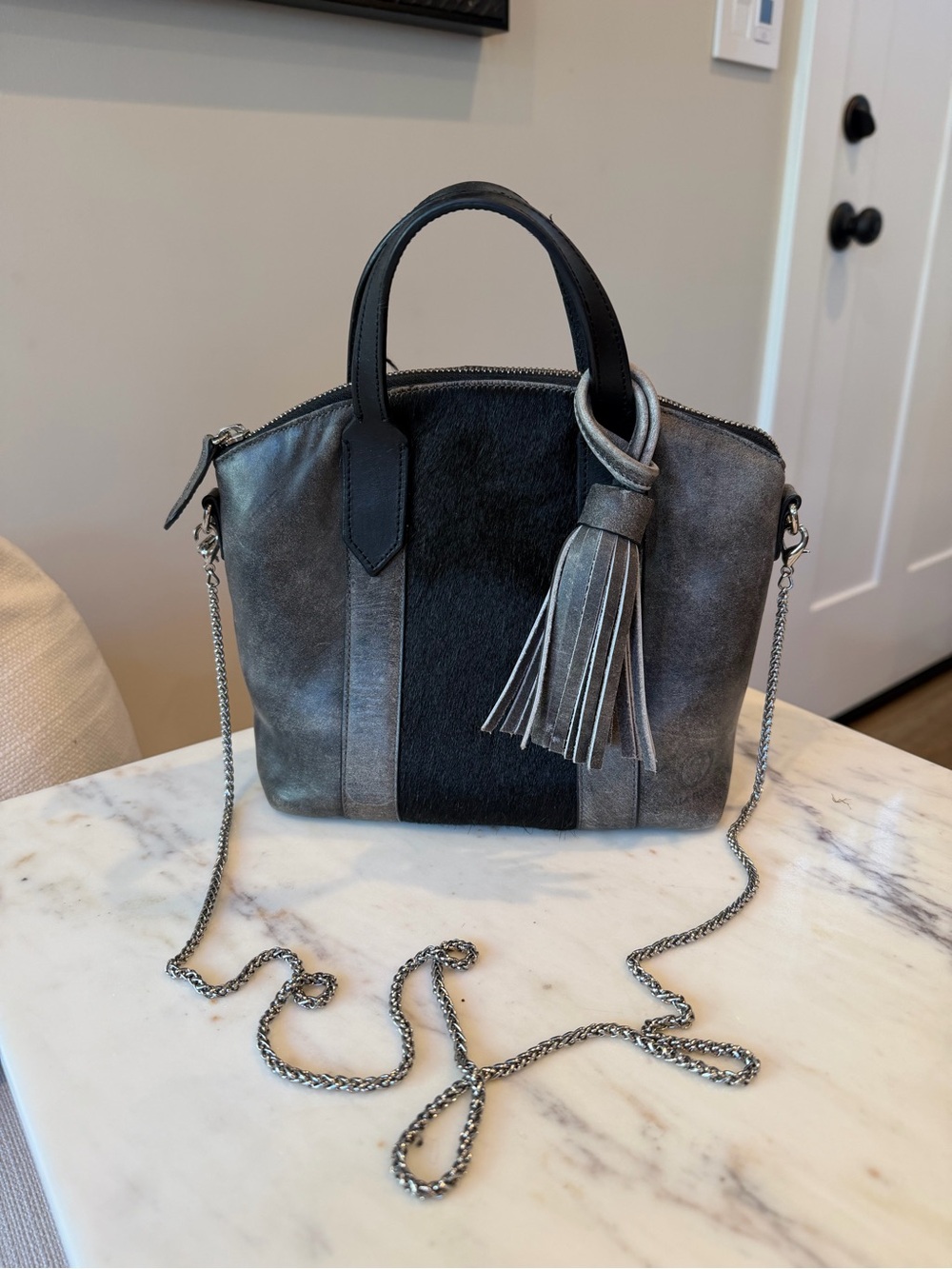 Ala Pilar Distressed Gray Leather & Haircalf Mini Crossbody with Fringe Tassel